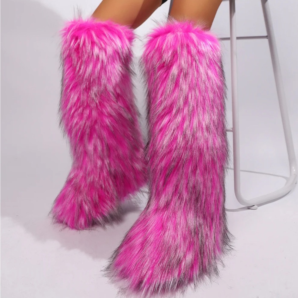 Pink Faux Fur High Boots – Plush Winter Fashion Boots - Picture 2 of 3